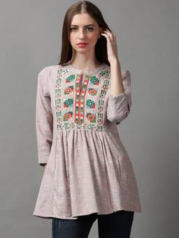 SHOWOFFFF - Women's Floral Mandarin Collar Peach Peplum Regular Top