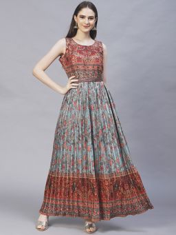 FASHOR - Ethnic Printed Hand Embroidered Maxi Flared Dress And Belt - Mint Green (Set of 2)