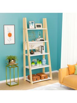 Kuber Industries - 5 Layer Ladder Book Shelf Wooden Rack for Home Decor and Bedroom-White & Brown