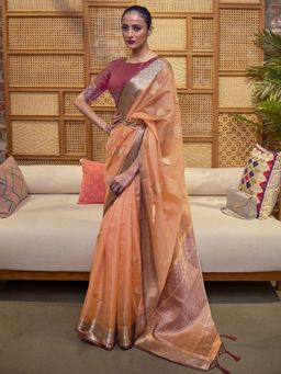 Akhilam - Womens Organza Peach Woven Designer Saree with Unstitched Blouse