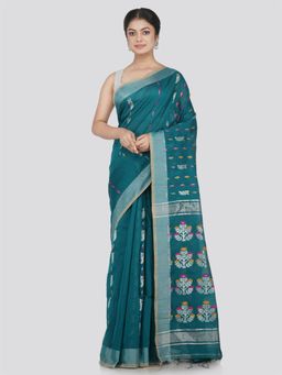 PinkLoom - Women's Cotton Blend Saree with Unstitched Blouse Piece, Green