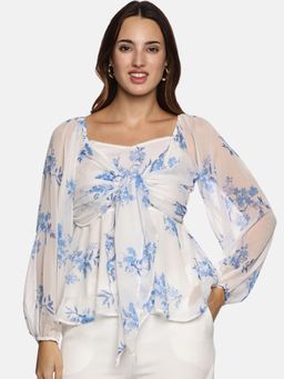 IS.U - Floral White Front Tie Knot Peplum Top