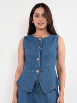 IS.U - Medium Blue Structured Denim Waistcoat Top