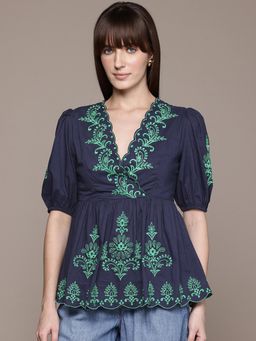 Label Ritu Kumar - Navy Blue Enza V Neck Half Sleeves Top