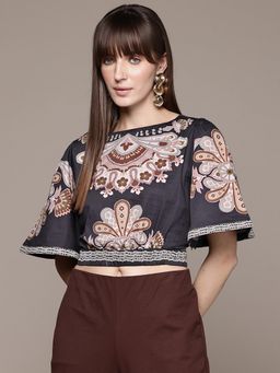 Label Ritu Kumar - Navy Blue Chleodora Short Sleeves Top