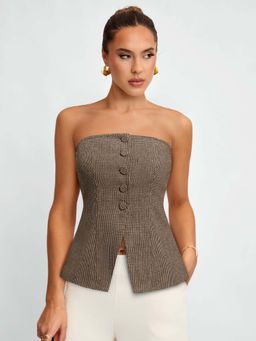 Outzidr - Khaki Structured Front Button Vest Top