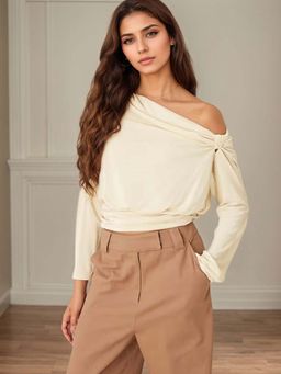 Outzidr - Cream One Shoulder Full Sleeve Top