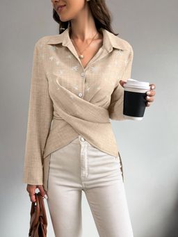 Outzidr - Beige Full Sleeve Waist Wrap Shirt
