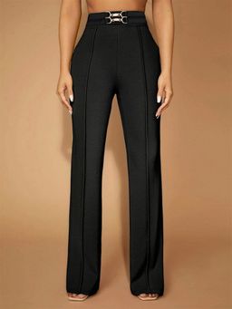 Outzidr - Black High Waist Buckle Detail Pant