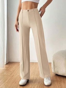 Outzidr - Beige High Waist Pin Tucked Pant