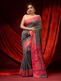 CHARUKRITI - Grey Cotton Handspun Floral Motifs and Zari Designs Saree with Unstitched Blouse