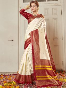 Akhilam - Women Silk Blend Off White Printed Celebrity Saree with Unstitched Blouse