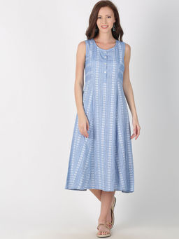 Saffron Threads - Blue Woven Design Cotton Midi Dress
