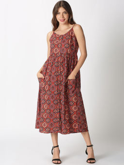 Saffron Threads - Red Ethnic Motifs Printed A-line Strappy Dress with Front Pockets