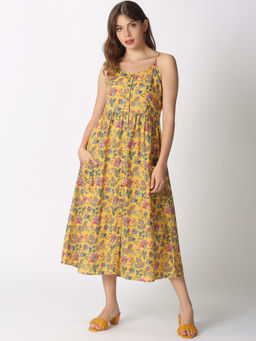 Saffron Threads - Yellow Ethnic Printed A-line Strappy Dress with Front Pockets