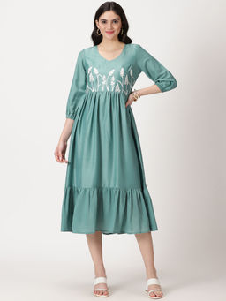 Saffron Threads - Sea Green Poly Muslin Boho Midi Dress with Yoke Embroidery