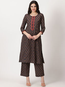 Saffron Threads - Navy Blue Dahlia Print Kurta with Embroidery Details