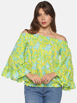 Saffron Threads - Lime Ethnic Floral Printed Off Shoulder Top with Bell Sleeves