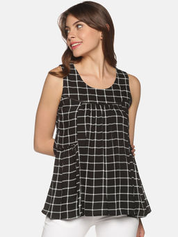 Saffron Threads - Black Checks Panelled Top with Gathers & Lace Insert