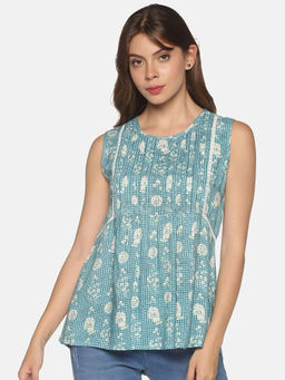 Saffron Threads - Blue Floral Printed Top with Pleats & Lace Inserts on Front Yoke