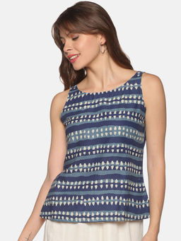 Saffron Threads - Blue Dhabu Printed Cotton Tank Top