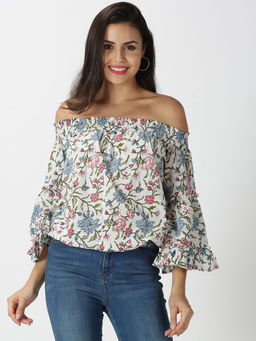 Saffron Threads - White Cotton Floral Printed Off Shoulder Top with Bell Sleeves