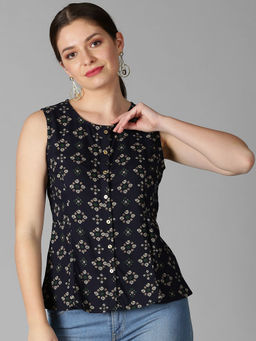 Saffron Threads - Navy Blue Bandhani Printed A line Panelled Top