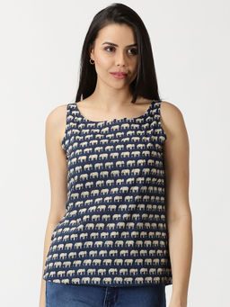 Saffron Threads - Navy Blue Elephant Print Cotton Tank Top