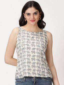 Saffron Threads - White Sanganeri Elephant Print Cotton Tank Top