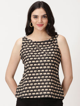 Saffron Threads - Black Elephant Print Cotton Tank Top