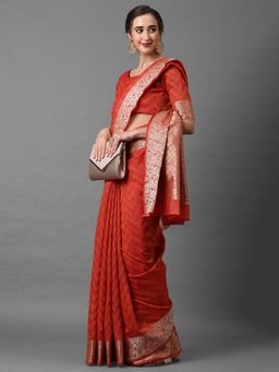 Odette - Rust Festive Cotton Silk Woven Design Saree with Unstitched Blouse