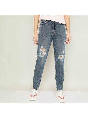 Women's Blue Comfort Wide Leg Highly Distressed Light Fade Acid Wash Jeans