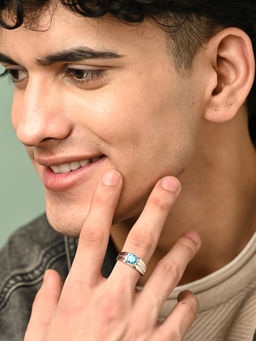 CLARA - 925 Silver Adjustable Platinum Plated Swiss Zirconia Blue Solitaire Men Ring