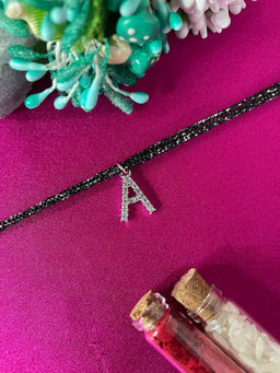 Digital Dress Room - A Letter Silver Plated AD Initial Black Thread Rakhi with Roli Chawal