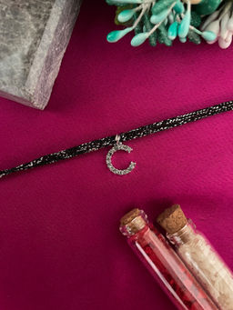 Digital Dress Room - C Letter Silver Plated AD Initial Black Thread Rakhi with Roli Chawal