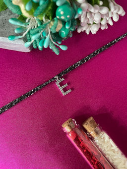 Digital Dress Room - E Letter Silver Plated AD Initial Black Thread Rakhi with Roli Chawal