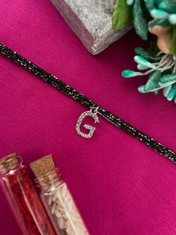 Digital Dress Room - G Letter Silver Plated AD Initial Black Thread Rakhi with Roli Chawal