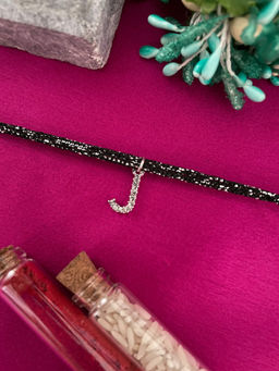 Digital Dress Room - J Letter Silver Plated AD Initial Black Thread Rakhi with Roli Chawal
