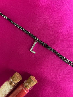 Digital Dress Room - L Letter Silver Plated AD Initial Black Thread Rakhi with Roli Chawal