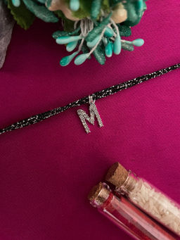 Digital Dress Room - M Letter Silver Plated AD Initial Black Thread Rakhi with Roli Chawal