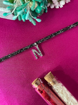 Digital Dress Room - N Letter Silver Plated AD Initial Black Thread Rakhi with Roli Chawal