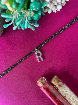 Digital Dress Room - R Letter Silver Plated AD Initial Black Thread Rakhi with Roli Chawal