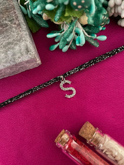 Digital Dress Room - S Letter Silver Plated AD Initial Black Thread Rakhi with Roli Chawal