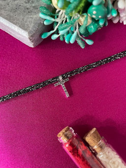 Digital Dress Room - T Letter Silver Plated AD Initial Black Thread Rakhi with Roli Chawal