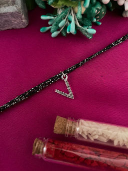 Digital Dress Room - V Letter Silver Plated AD Initial Black Thread Rakhi with Roli Chawal