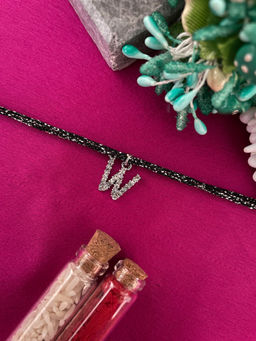 Digital Dress Room - W Letter Silver Plated AD Initial Black Thread Rakhi with Roli Chawal