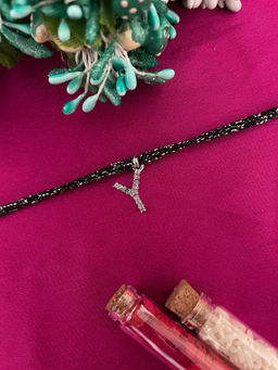 Digital Dress Room - Y Letter Silver Plated AD Initial Black Thread Rakhi with Roli Chawal