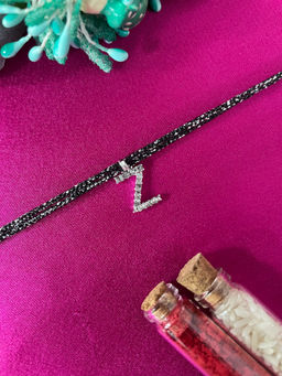 Digital Dress Room - Z Letter Silver Plated AD Initial Black Thread Rakhi with Roli Chawal
