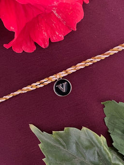 Digital Dress Room - V Letter Black Initial Coin Pendant Thread Rakhi