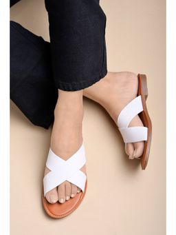 Shoetopia - Embellished Cross Strap White Flats for Women